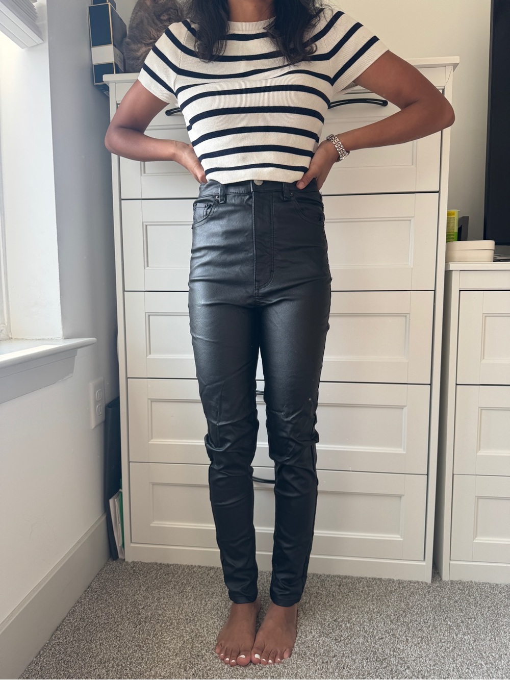 Pull&Bear High-Rise Faux Leather Jeans in Black